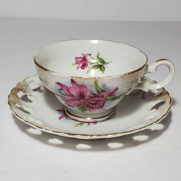 Lefton Teacup and Saucer Pink Orchid Vintage Reticulated - Picture 2 of 9
